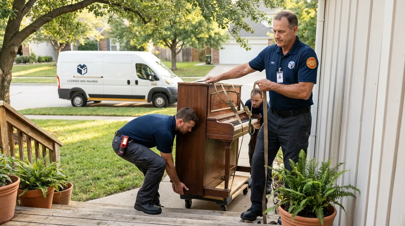 Licensed piano movers securing grand piano in Cave City, AR