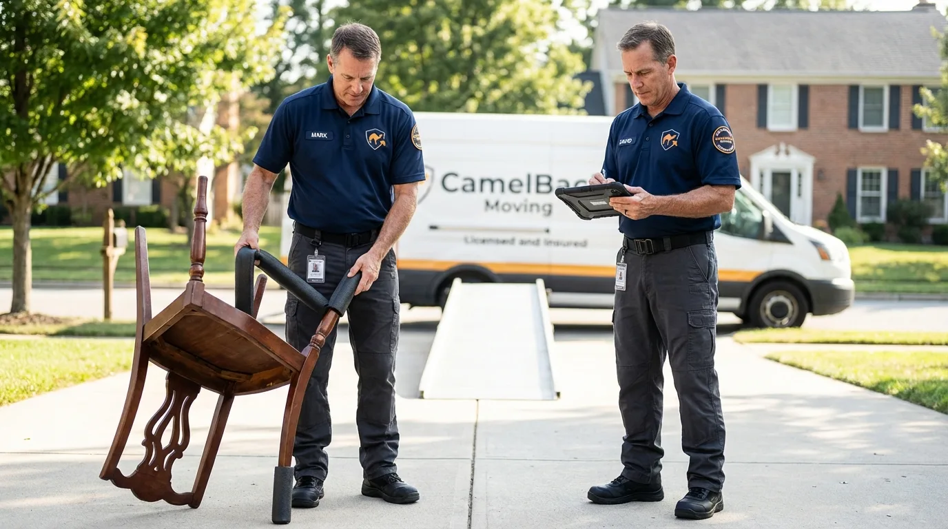 Movers inspecting furniture for damage prevention before loading in Cave City, AR