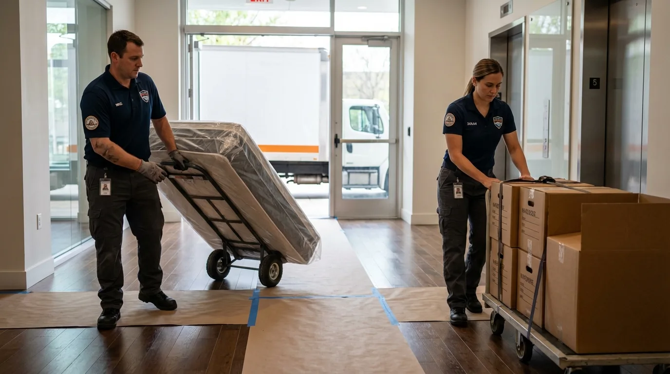 Professional apartment movers loading elevator in Cave City, AR